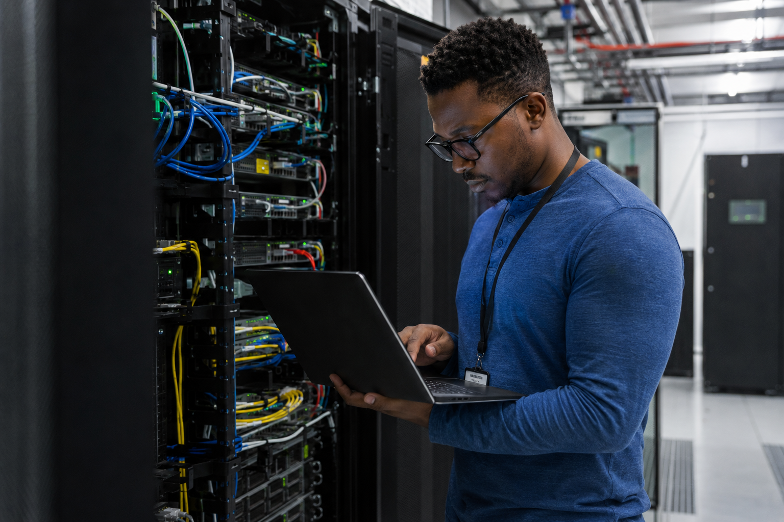 Certified Fieldsify field engineer working at a network rack